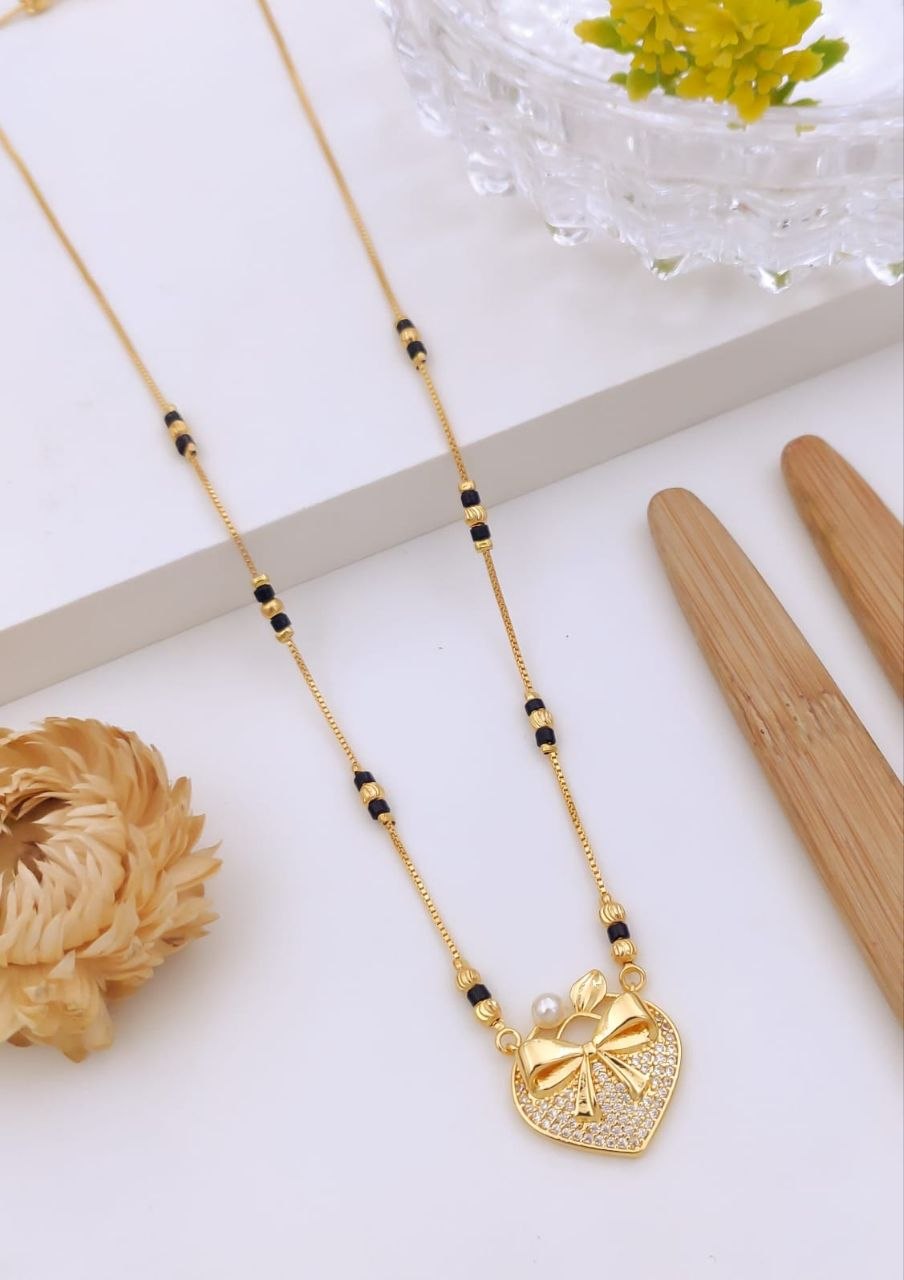 Charming CZ Heart & Bow Gold-Plated Mangalsutra with Pearl Accent