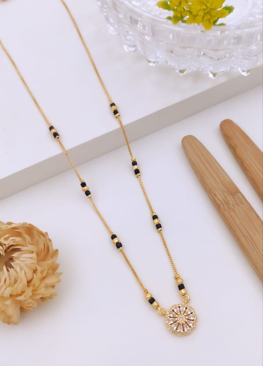 Delicate Gold-Plated Floral Pendant Mangalsutra with Black Beads