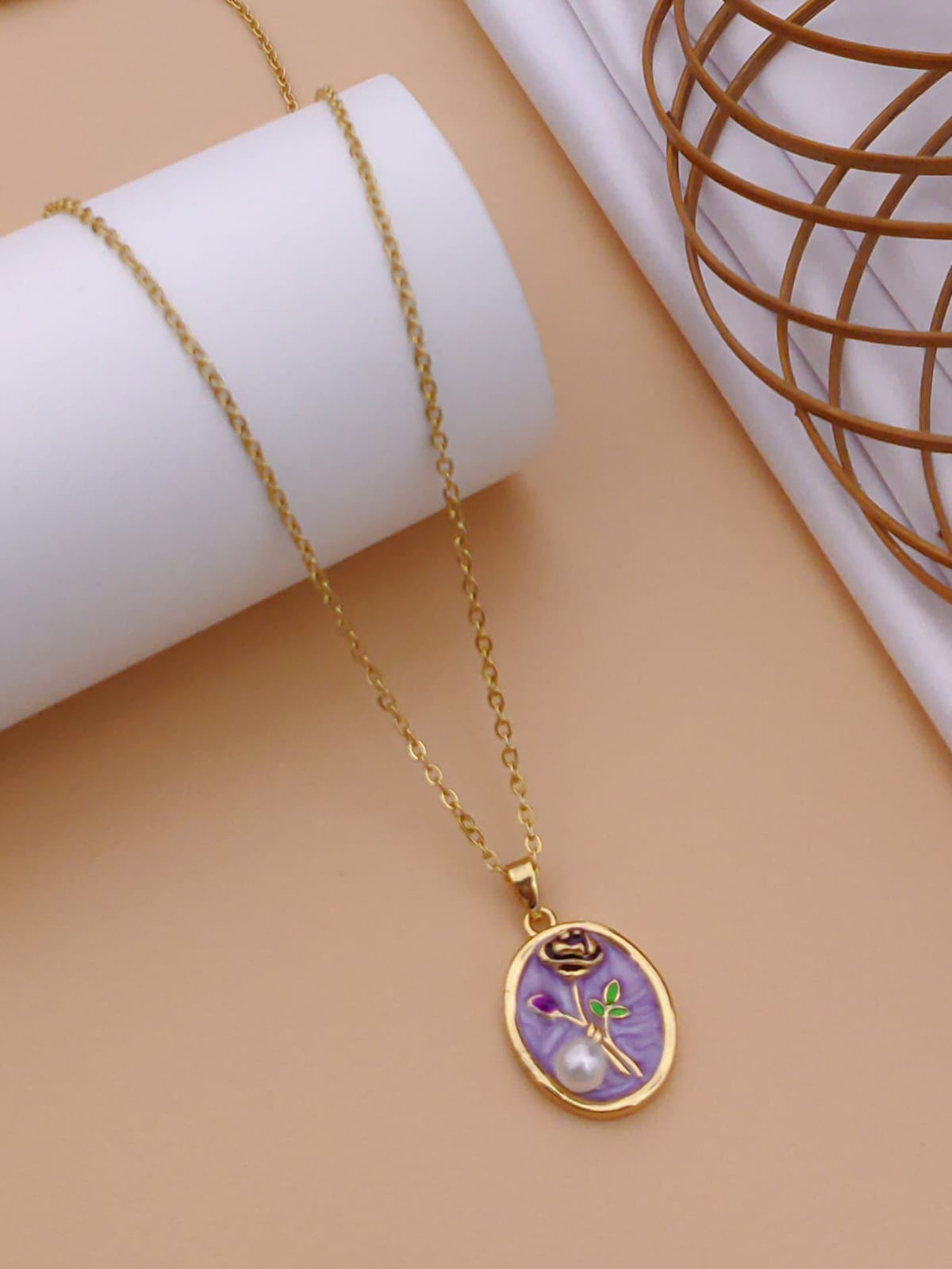 Lavender Enamel Oval Rose & Pearl Pendant Necklace