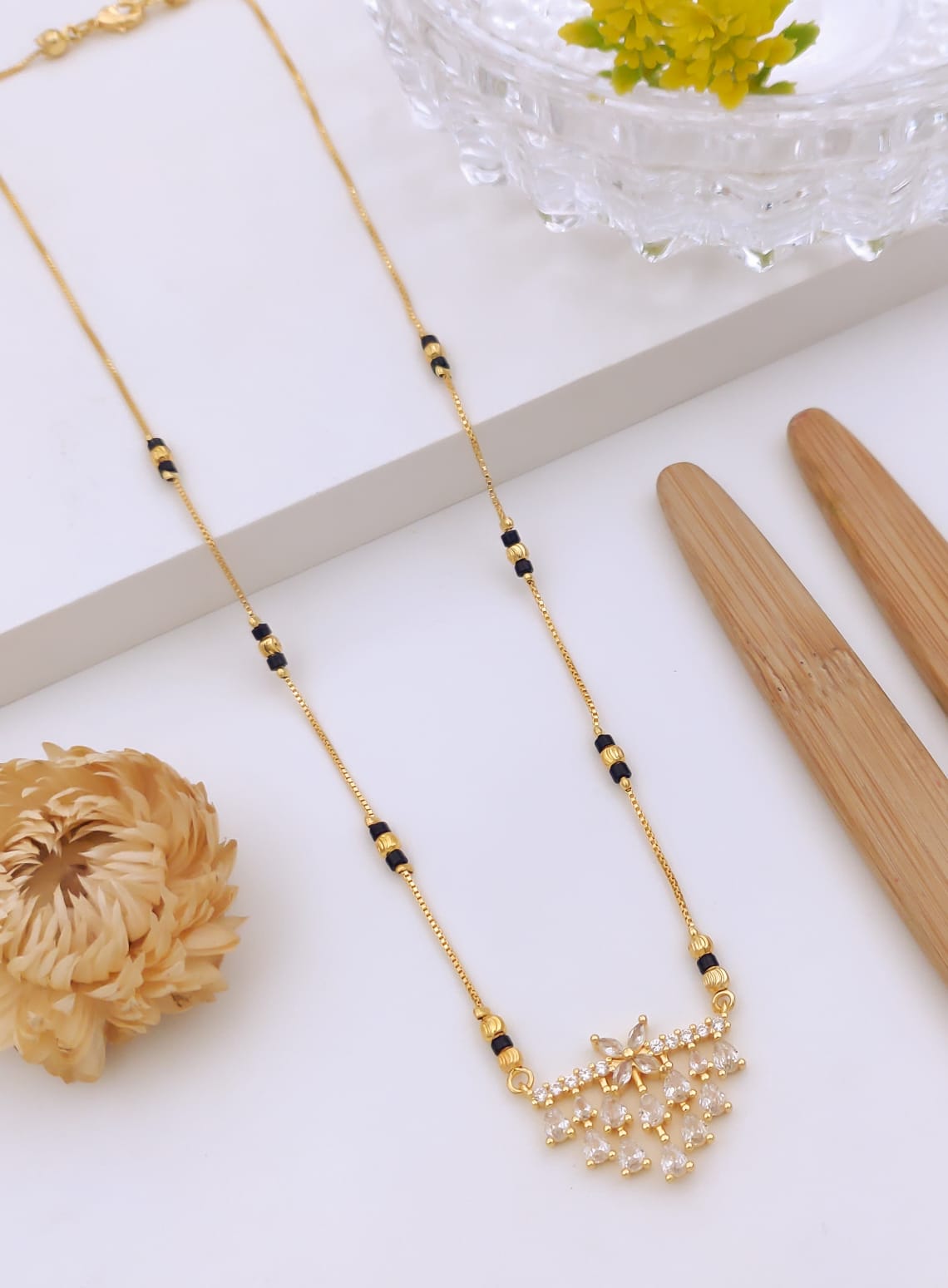Elegant Floral Cluster CZ Gold Mangalsutra with Teardrop Dangles