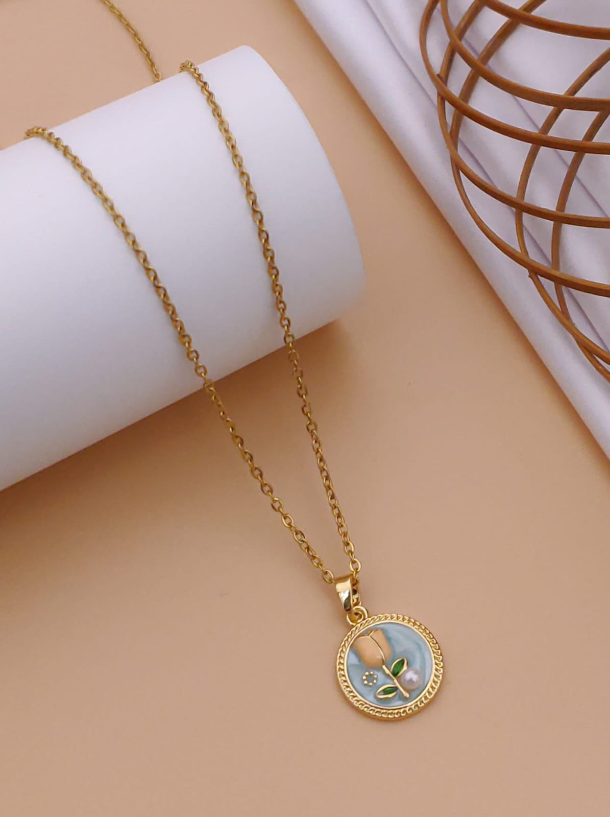 Vintage Light Blue Tulip Enamel Medallion Pendant Necklace