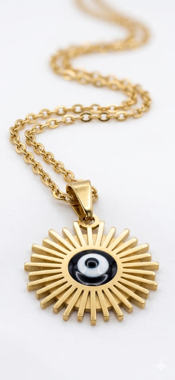 Gold-Plated Sunburst Evil Eye Medallion Pendant Necklace