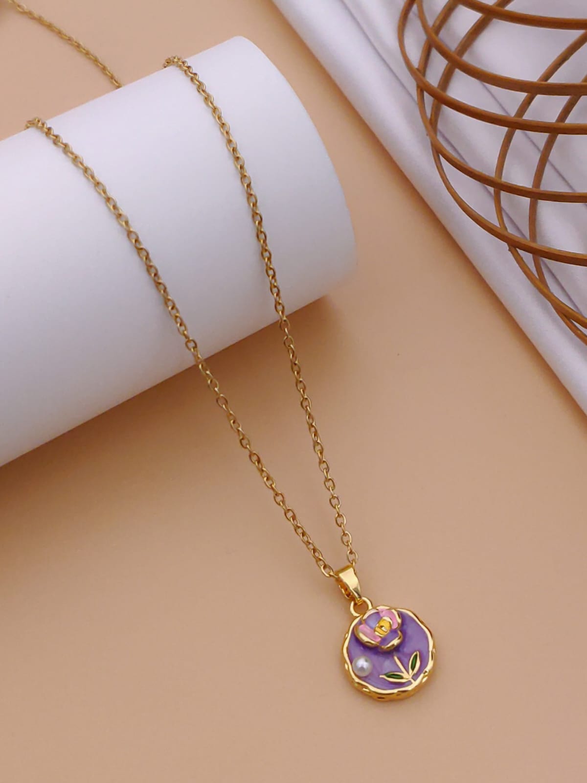 Vintage Deep Purple Rose Enamel Medallion Pendant Necklace