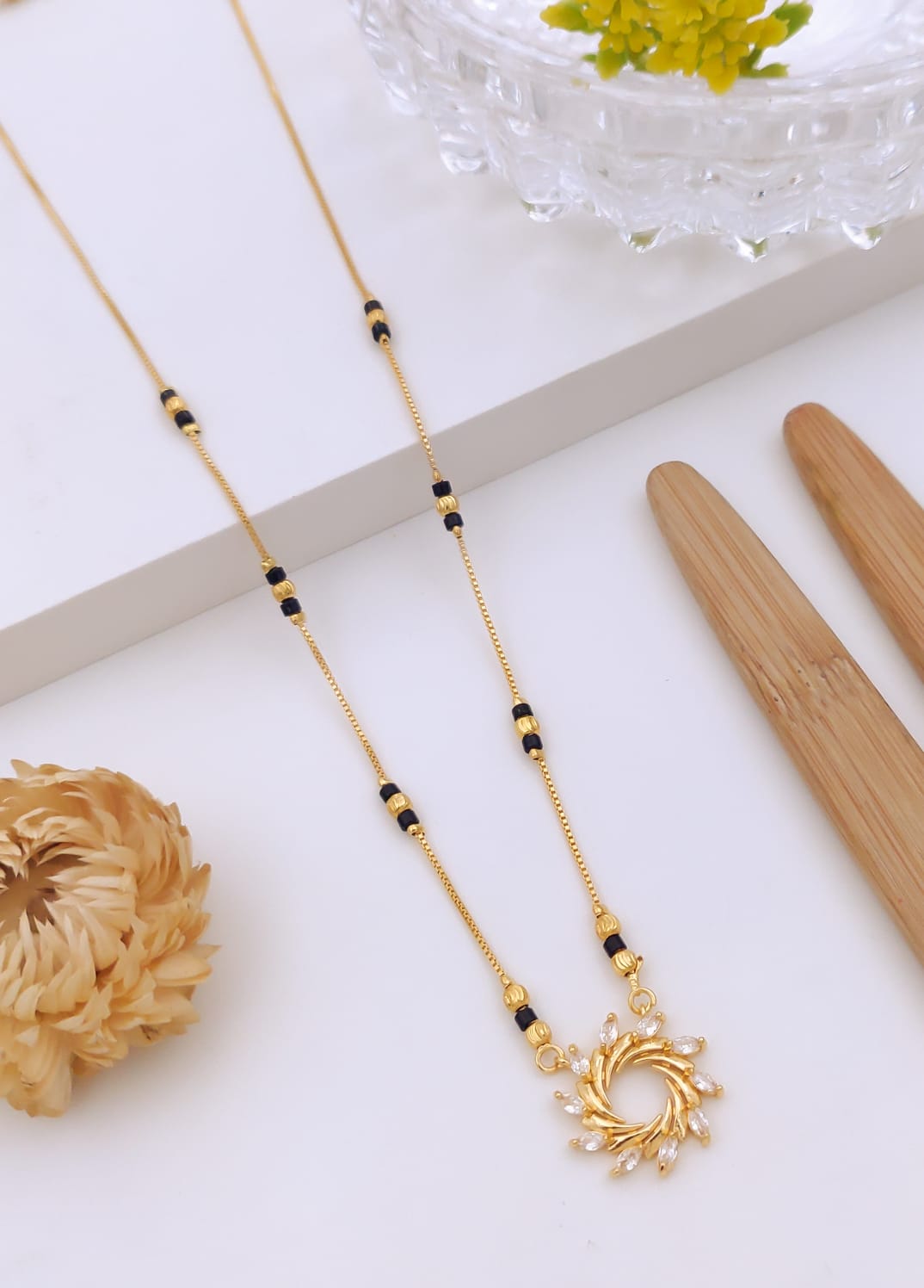 Elegant Swirl Sunburst CZ Gold Mangalsutra