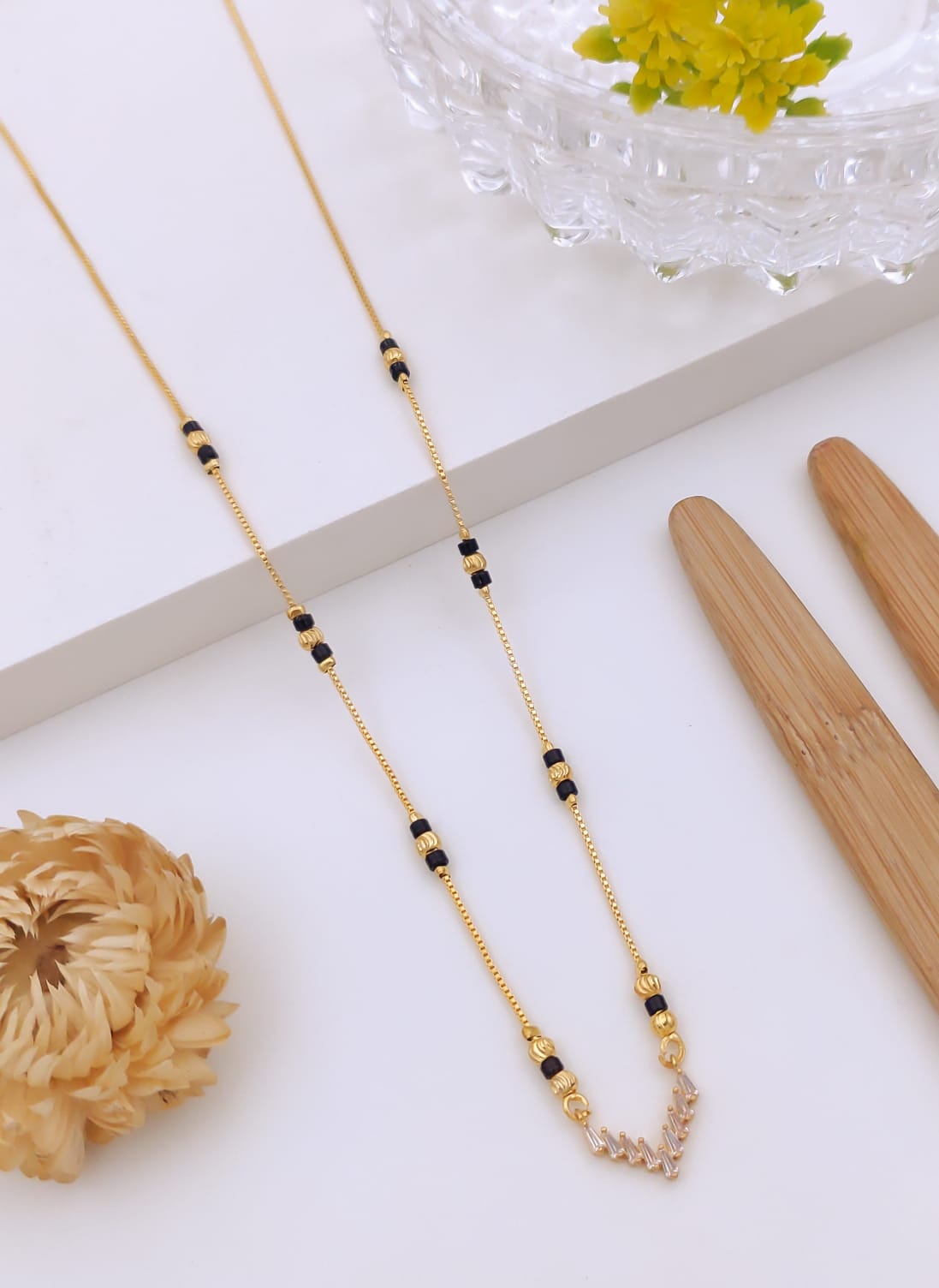 Elegant Chevron Baguette CZ Gold Mangalsutra