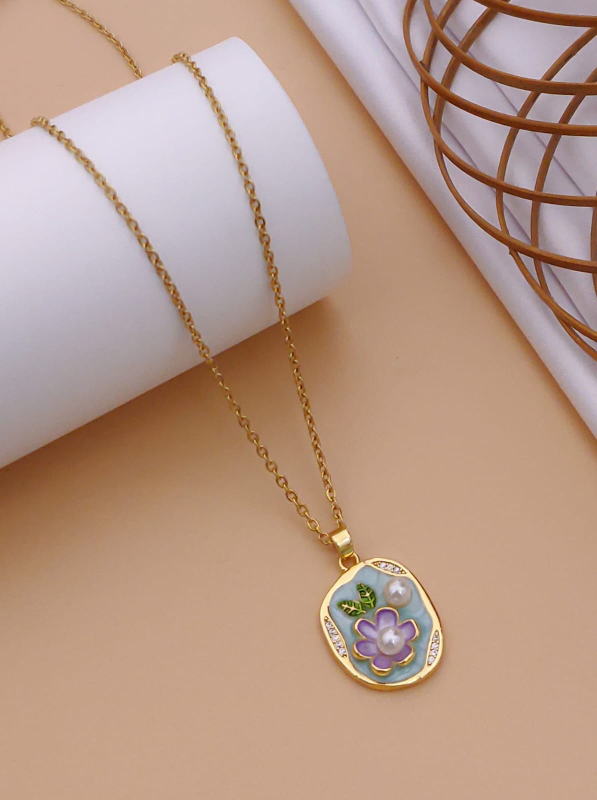 Vintage Light Blue Enamel Floral & Pearl Oval Pendant Necklace