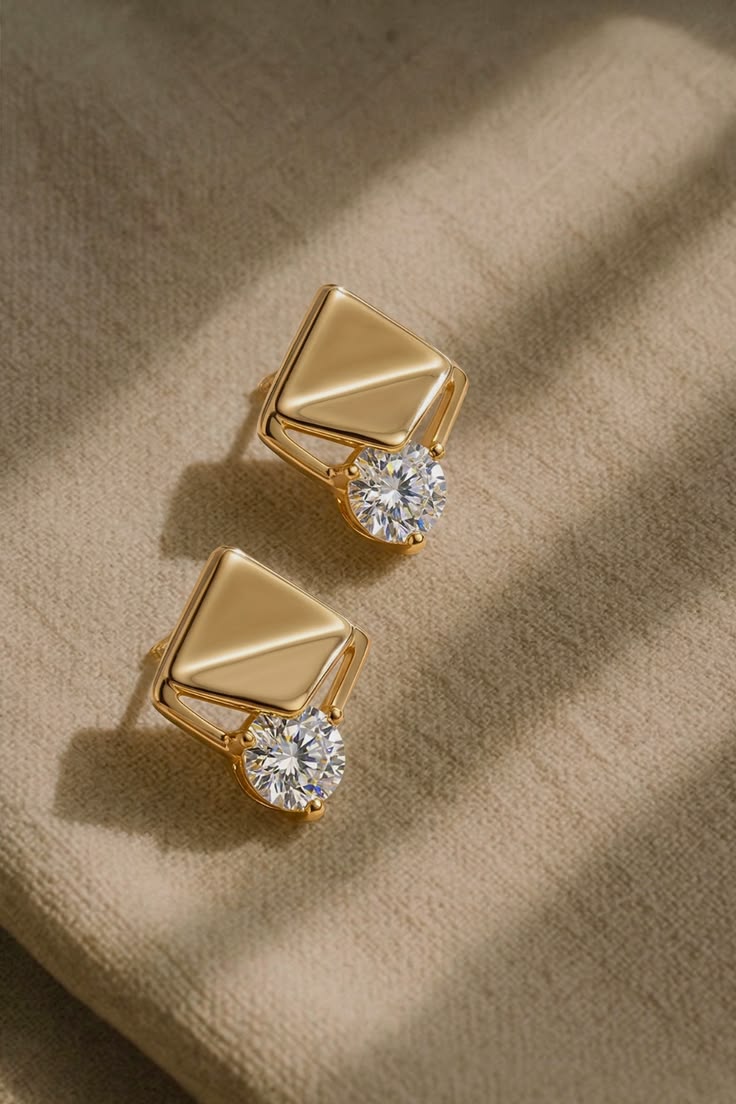 Gold-Plated Geometric Diamond-Shaped Cubic Zirconia Stud Earrings