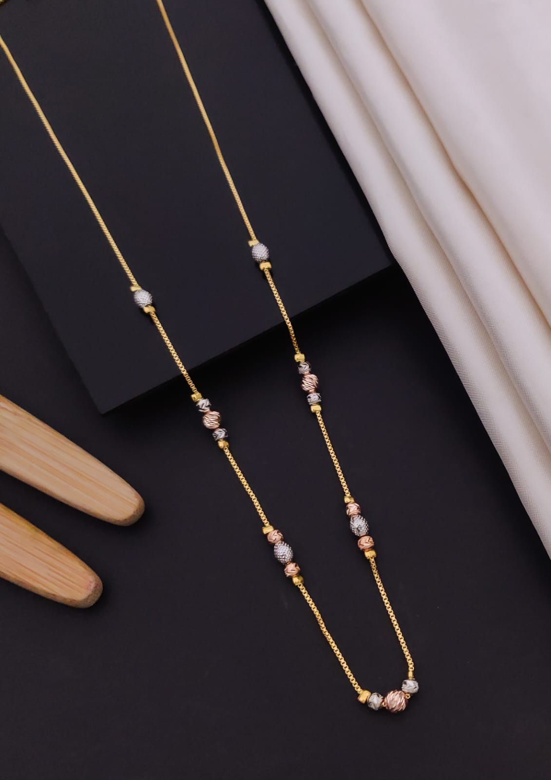 Elegant Tri-Tone Textured Sphere Station Gold Mangalsutra