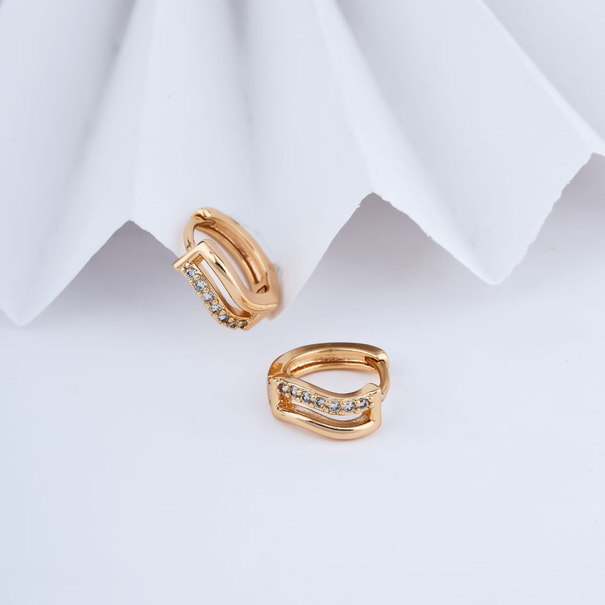 Gold-Plated Double-Band Cubic Zirconia Huggie Hoop Earrings