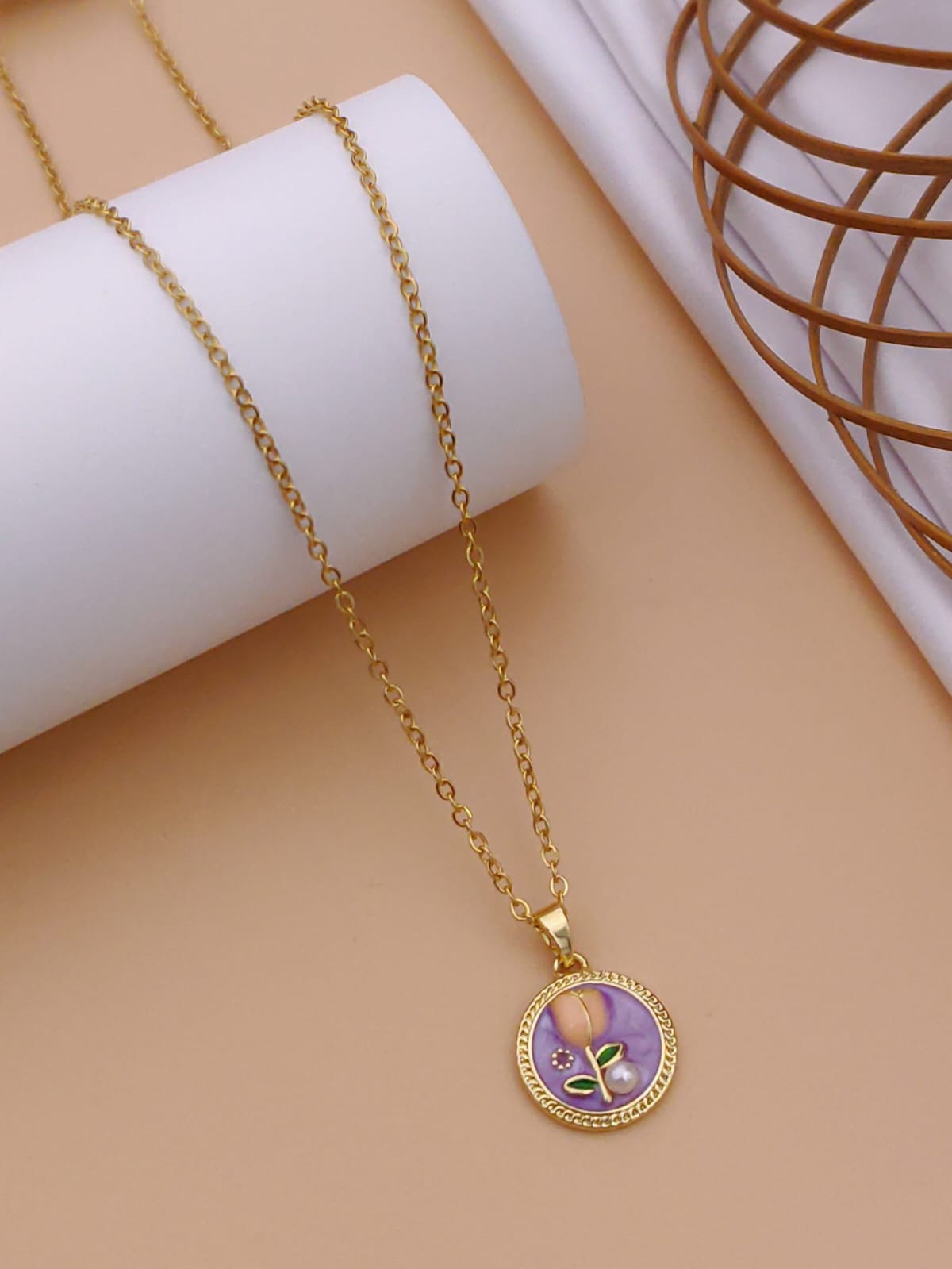 Vintage Purple Tulip Enamel Medallion Pendant Necklace