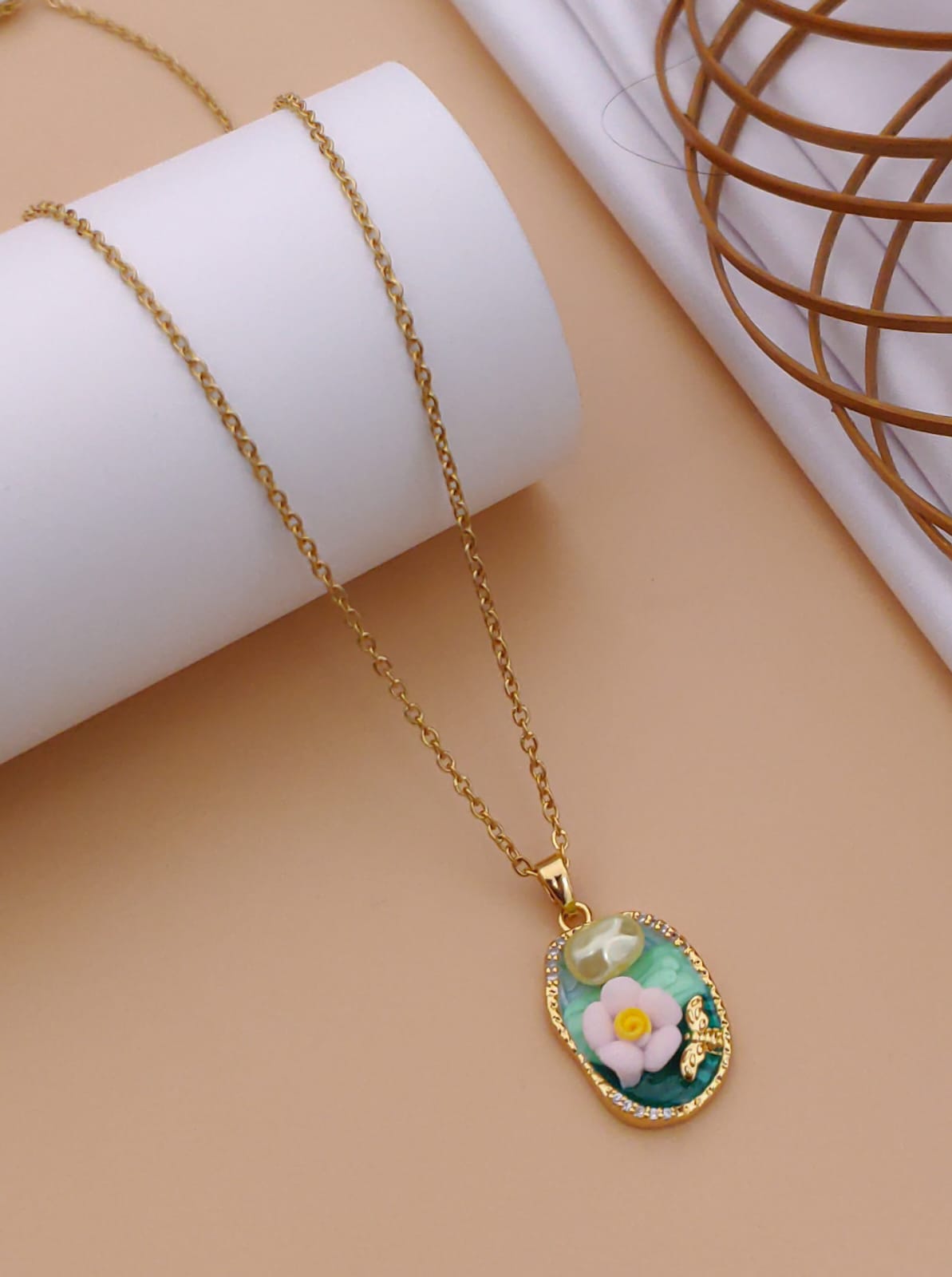 Artisanal Floral Enamel & Pearl Oval Pendant Necklace