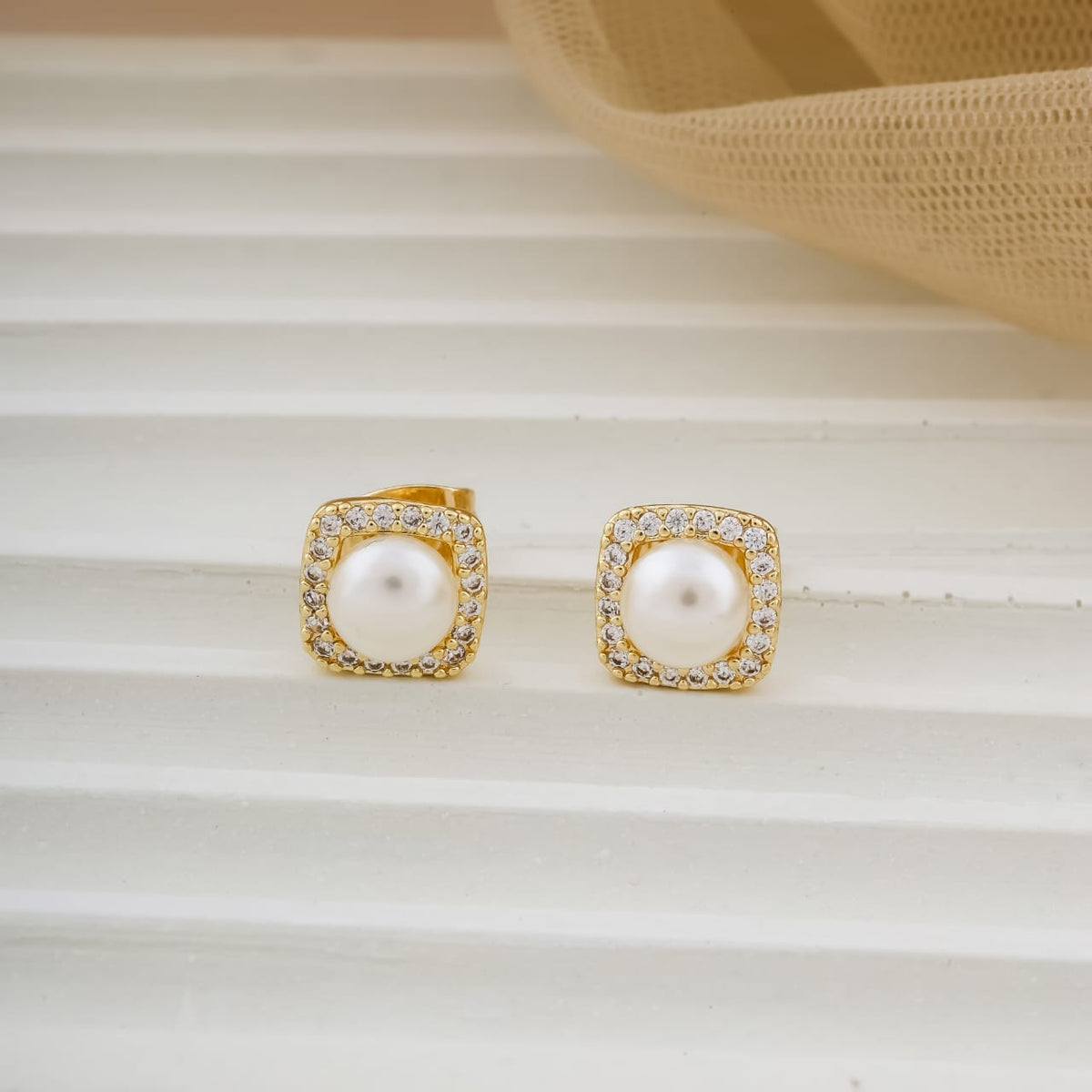 Gold-Plated Square Cushion Pearl & Cubic Zirconia Halo Stud Earrings