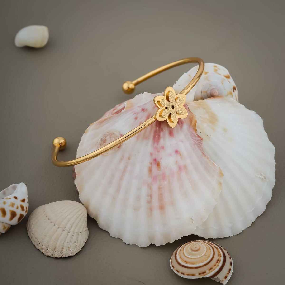 Gold-Tone Textured Floral Charm Open Cuff Bangle Bracelet