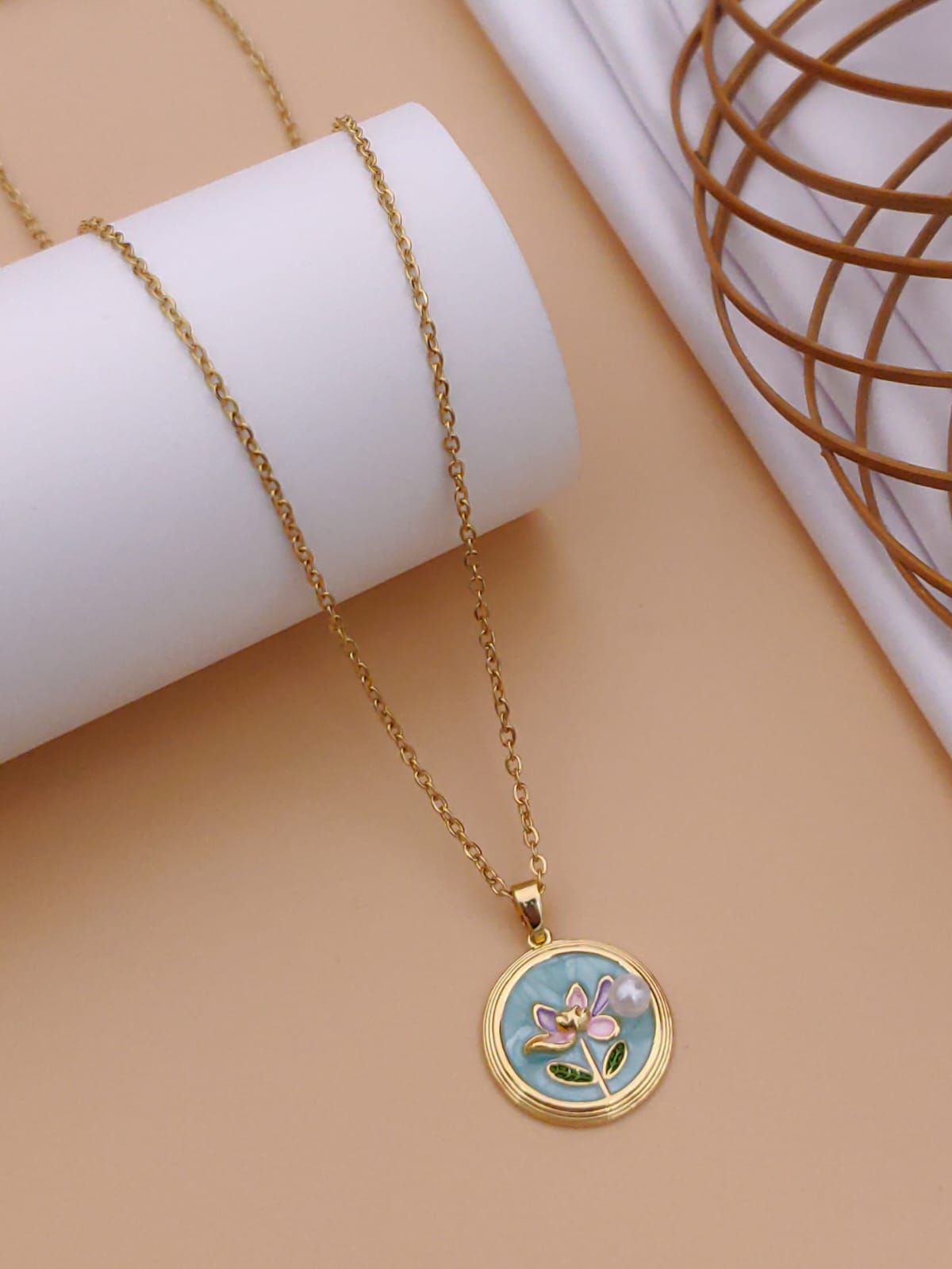 Elegant Gold-Tone Enamel Floral Medallion Pendant Necklace