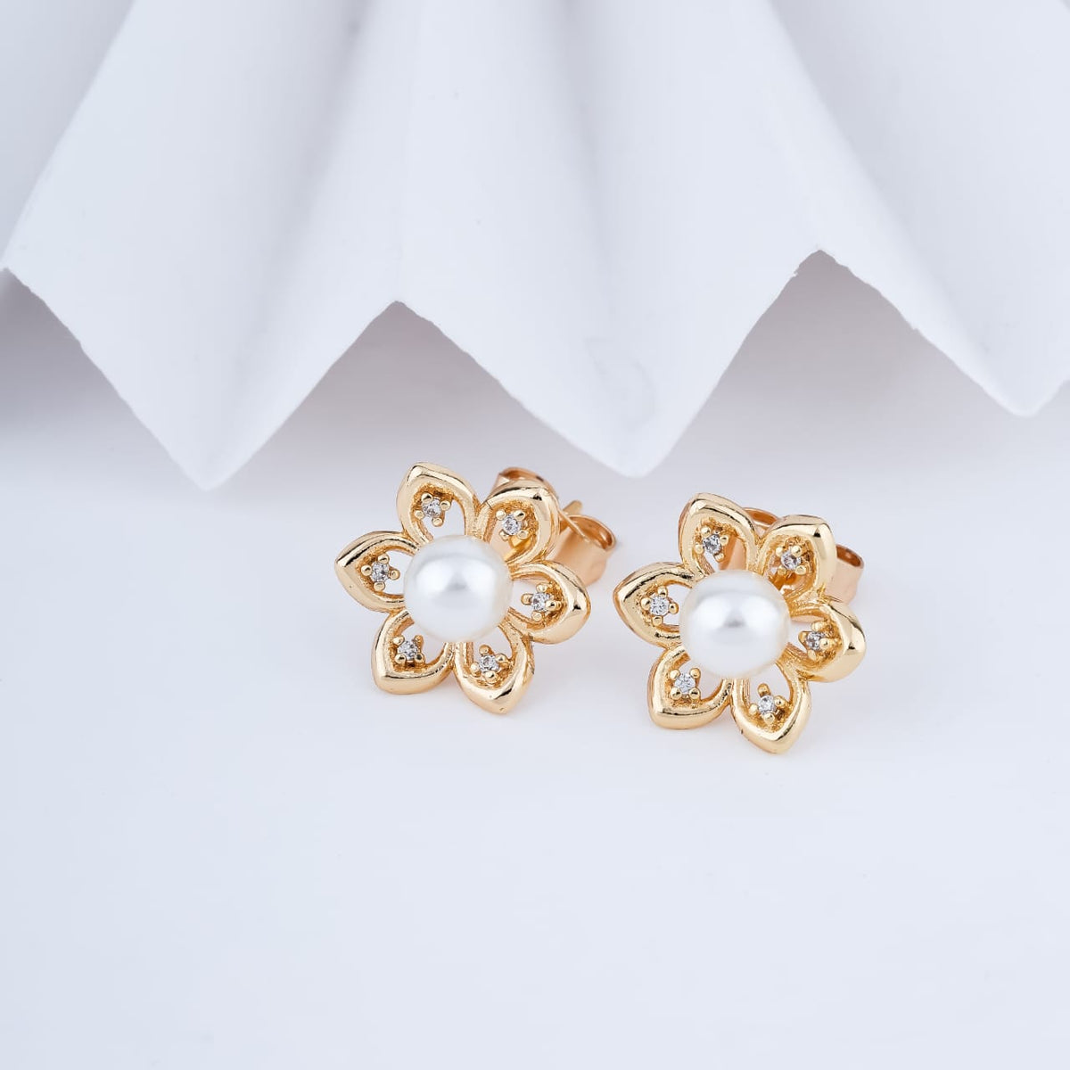Gold-Plated Floral Pearl & Cubic Zirconia Stud Earrings