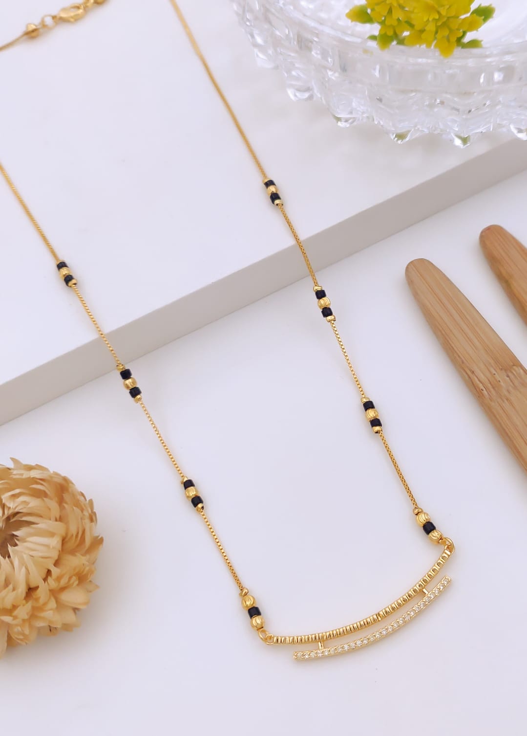 Elegant Dual Curved Bar CZ Gold Mangalsutra