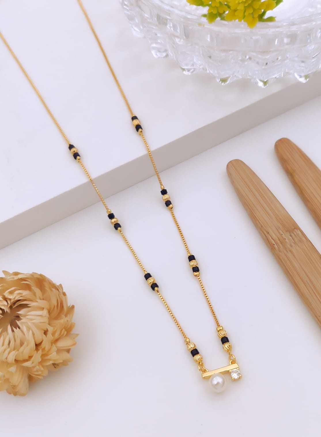Elegant Horizontal Bar Pearl & Solitaire CZ Gold Mangalsutra