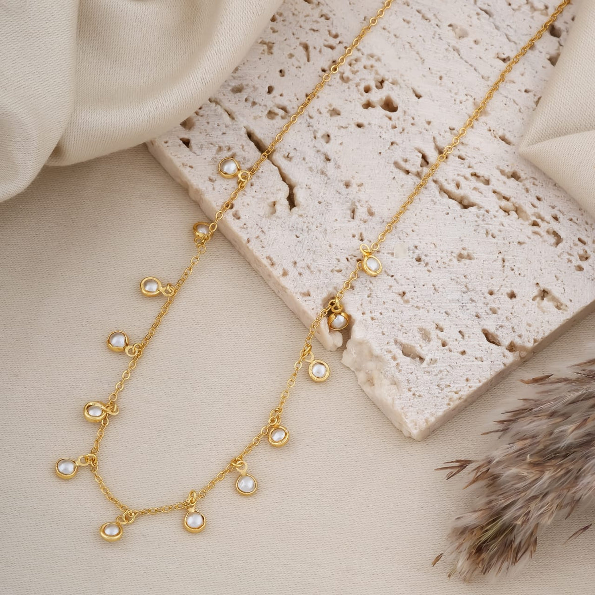 Gold-Plated Dangle Chain Necklace with Bezel-Set Pearl Charms