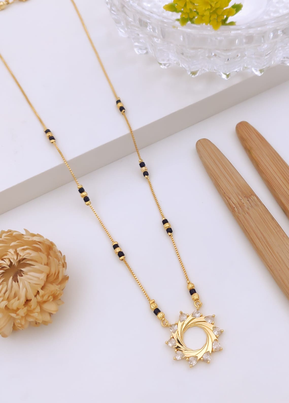 Elegant Swirl Sunburst Heart CZ Gold Mangalsutra