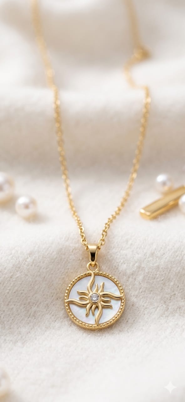 Celestial Gold-Plated Sunburst Medallion Necklace with Mother of Pearl Inlay