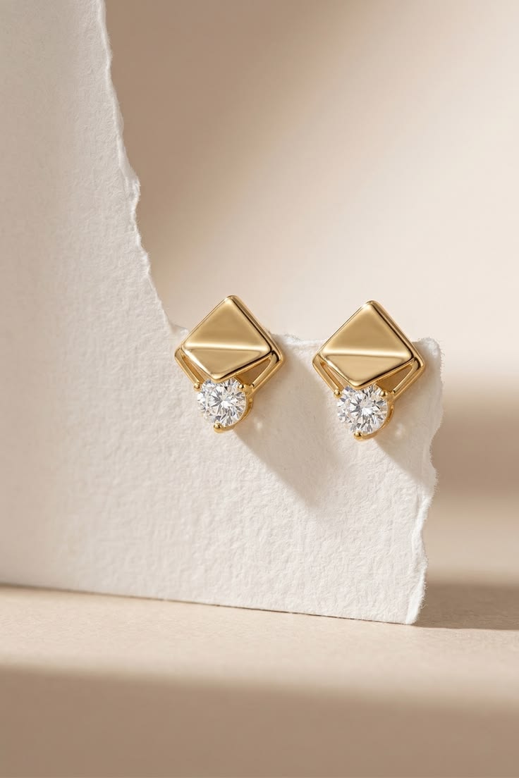 Gold-Plated Geometric Diamond-Shaped Cubic Zirconia Stud Earrings
