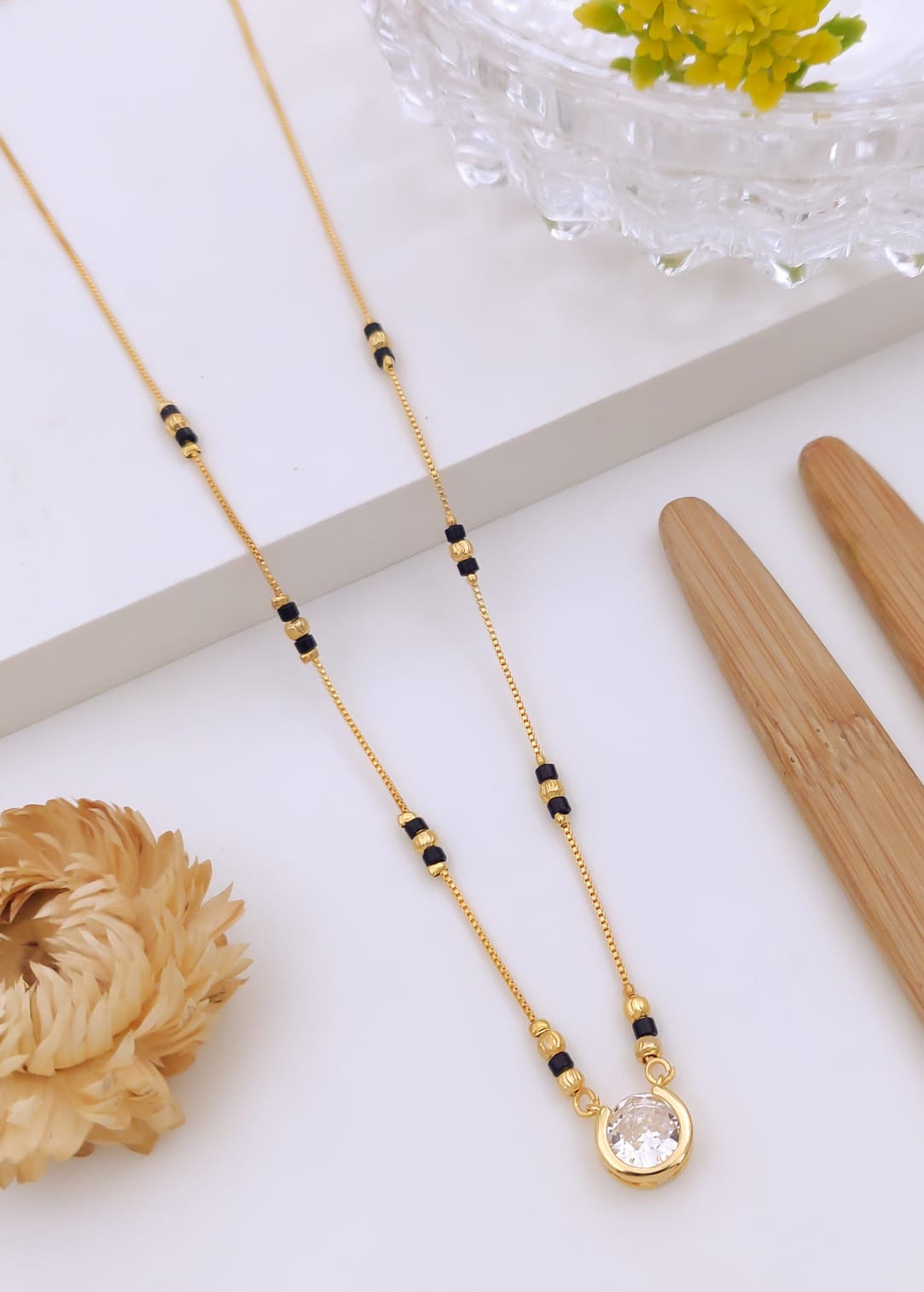 Elegant Round Solitaire Crescent CZ Gold Mangalsutra