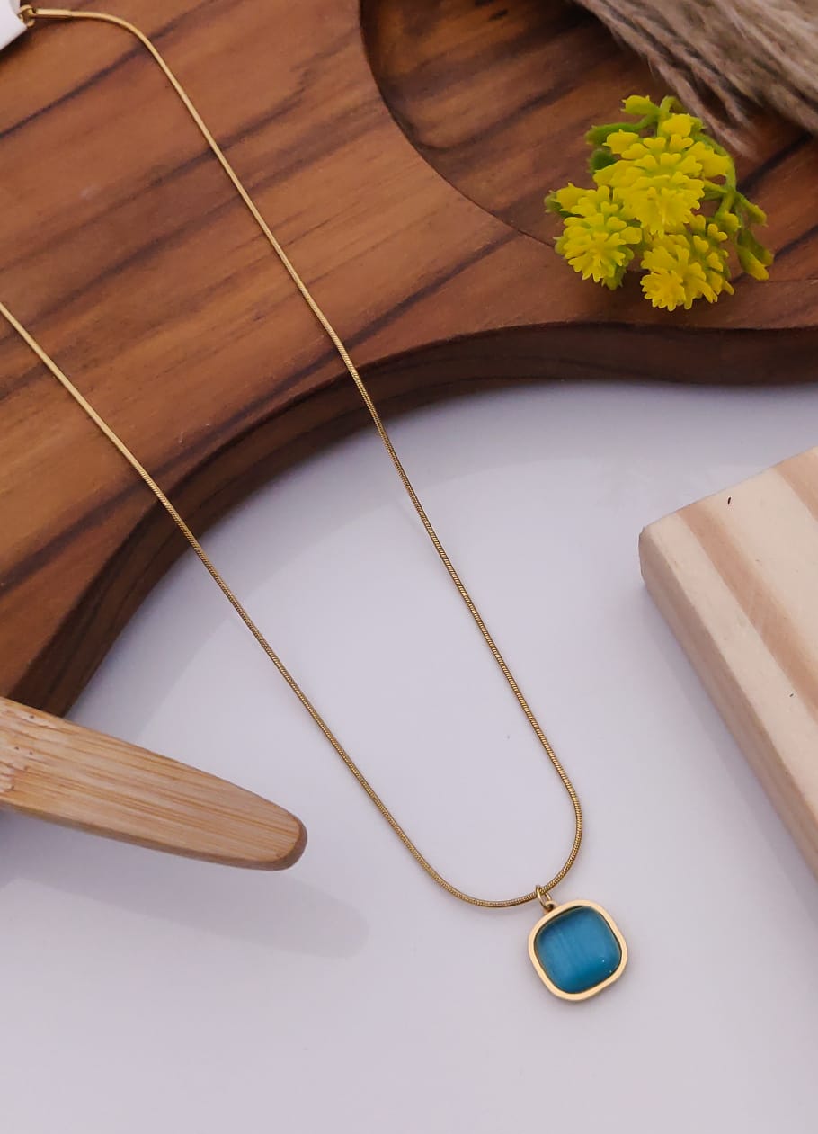 Minimalist Gold-Plated Snake Chain Necklace with Cushion-Cut Blue Stone Pendant
