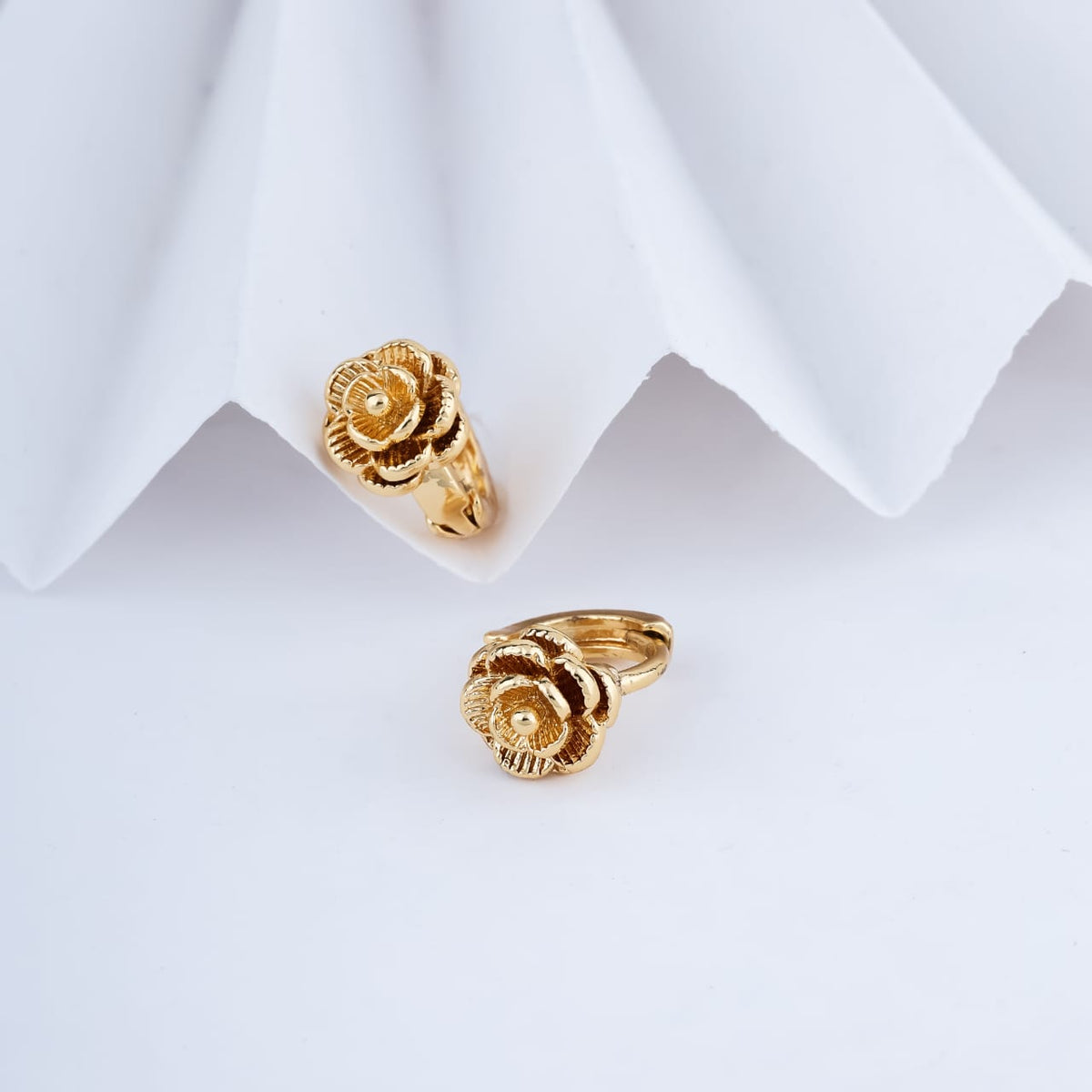 Gold-Plated Sculpted Rose Flower Huggie Hoop Earrings
