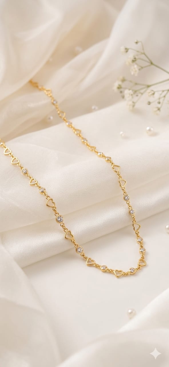 Romantic Gold-Plated Station Chain Necklace with Open Hearts and Sparkling Crystals