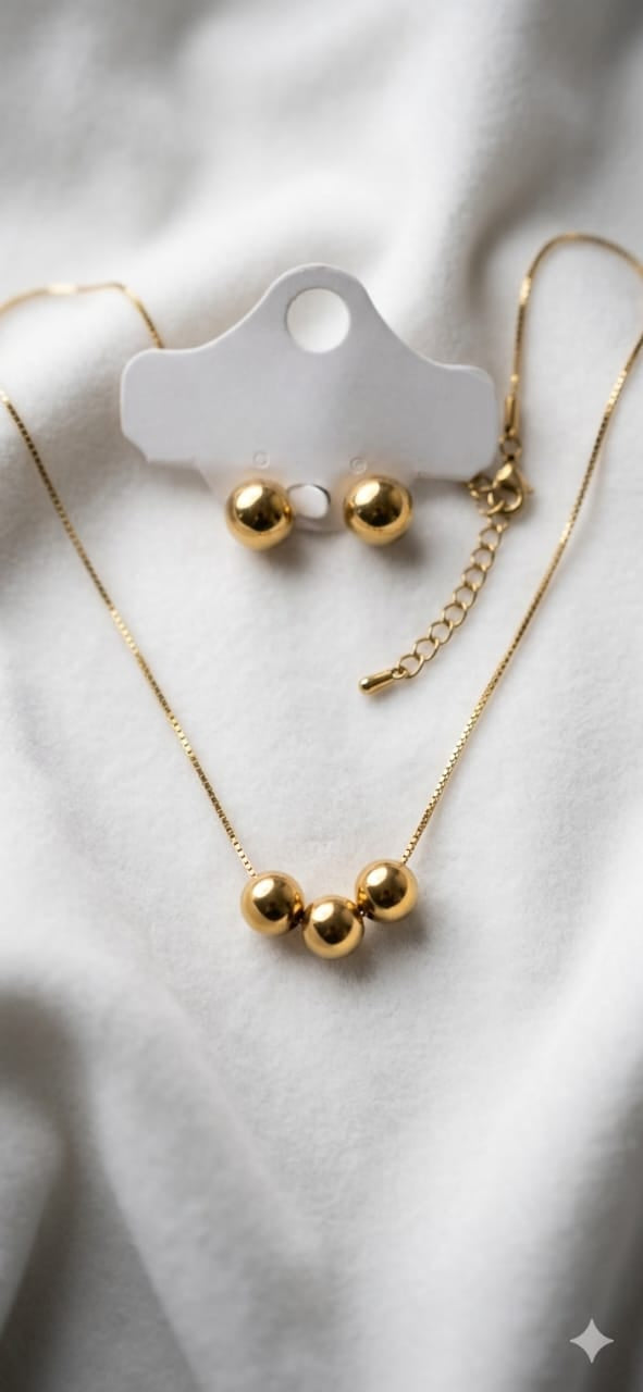 Modern Gold-Tone Triple Bead Pendant Necklace & Stud Earrings Jewelry Set