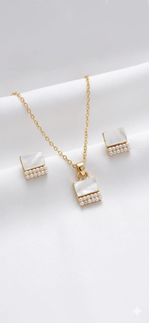 Elegant Mother of Pearl & Pearl Beaded Necklace and Stud Earrings Set | Gold-Tone Jewelry Set for Women
