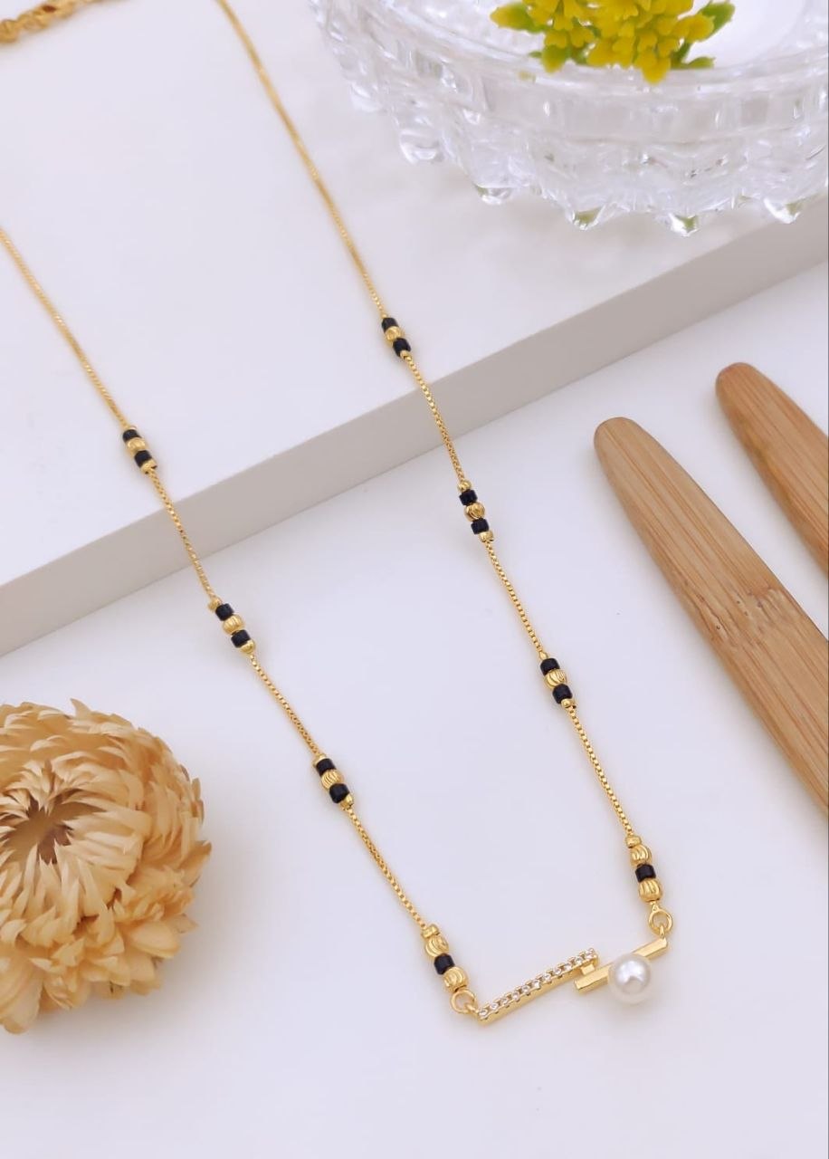 Modern L-Shaped CZ Studded Pearl Accent Gold Mangalsutra