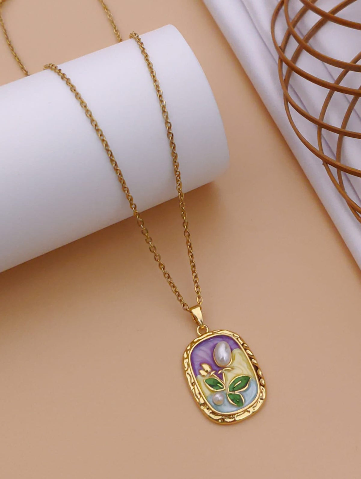 Vintage Pearl Tulip & Enamel Oval Pendant Necklace