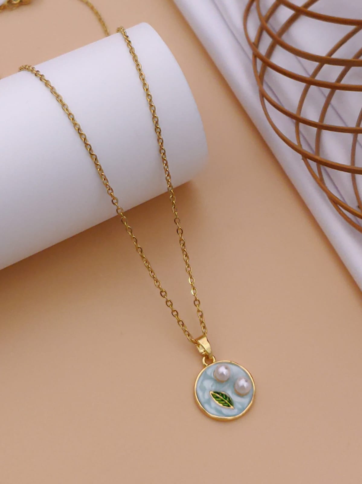 Minimalist Light Blue Enamel & Pearl Medallion Pendant Necklace