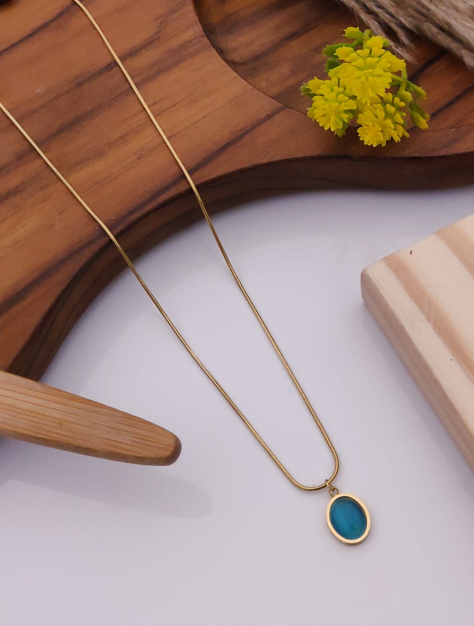 Minimalist Gold-Plated Snake Chain Necklace with Oval Blue Stone Pendant
