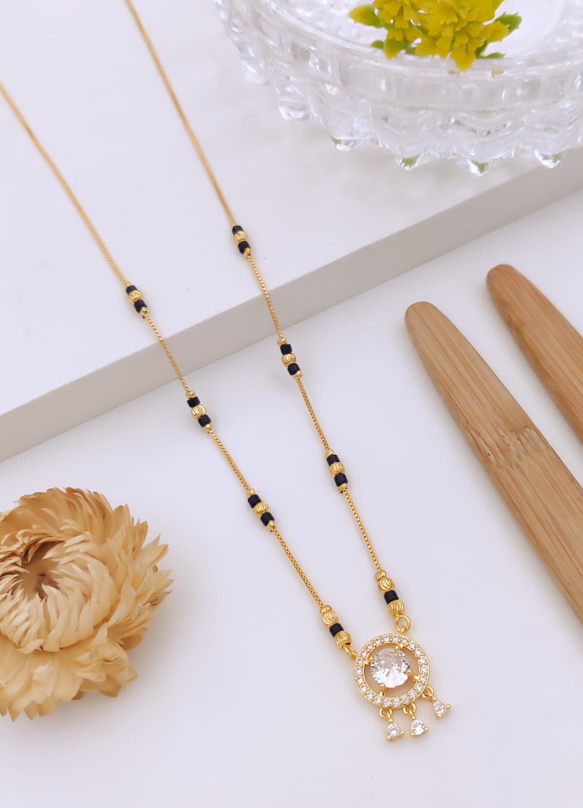 Elegant Circular Solitaire CZ Gold Mangalsutra with Hanging Charms