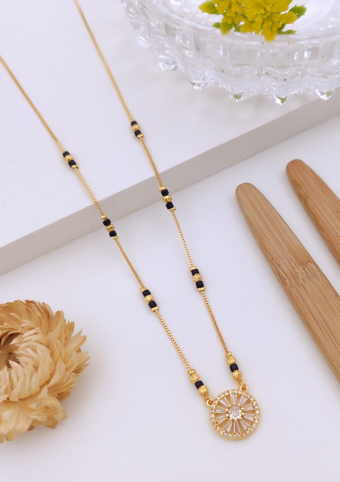 Elegant Circular Sunburst CZ Gold Mangalsutra