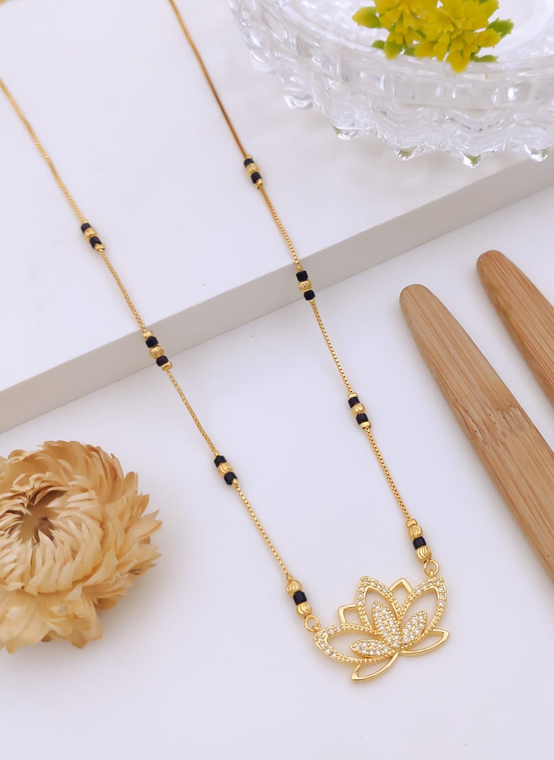 Elegant Lotus Motif CZ Gold Mangalsutra
