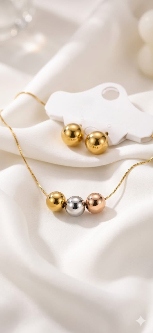 Tricolor Ball Bead Pendant Necklace and Matching Gold Ball Stud Earrings Set