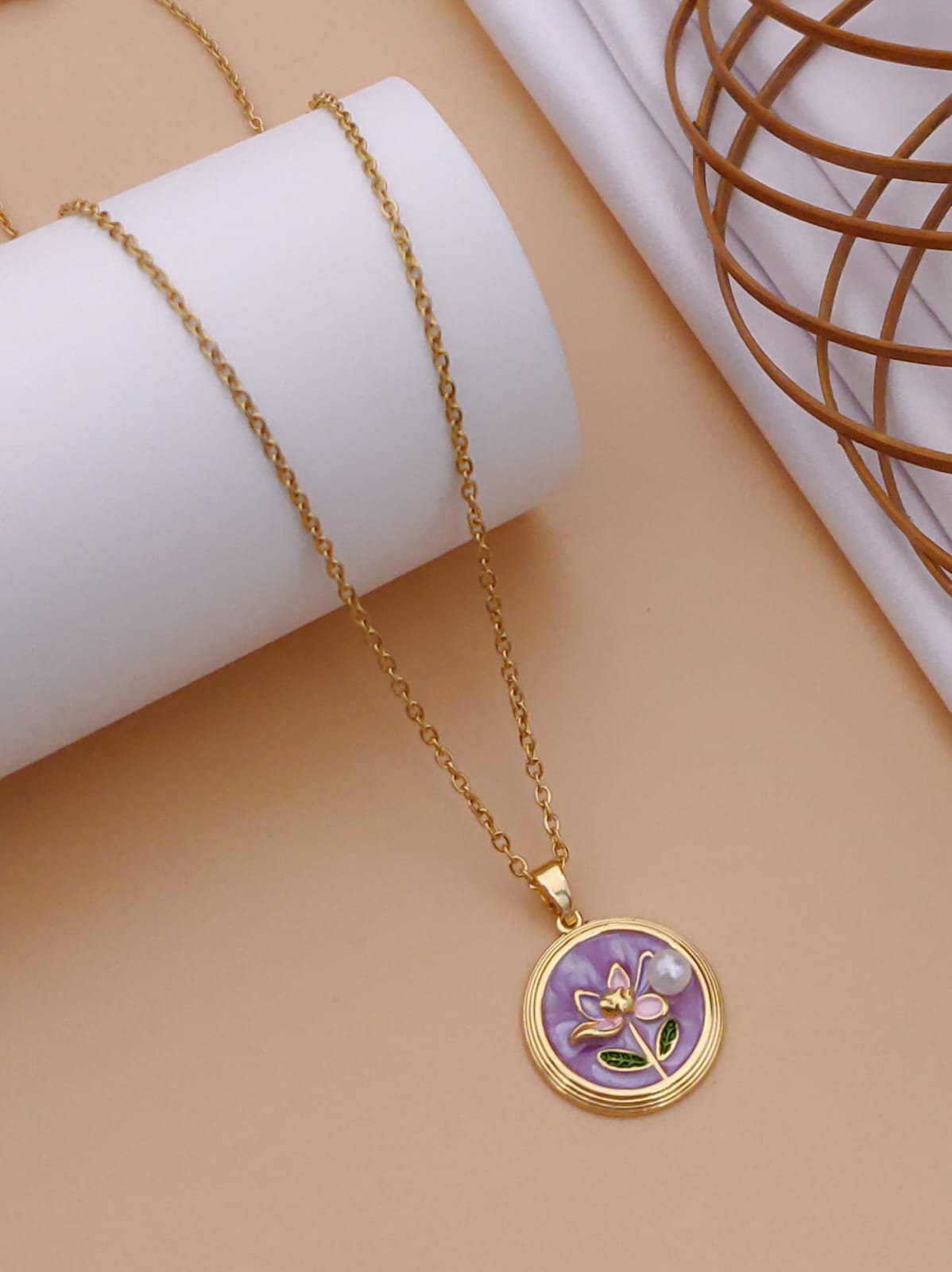 Elegant Purple Enamel Floral Medallion Pendant Necklace