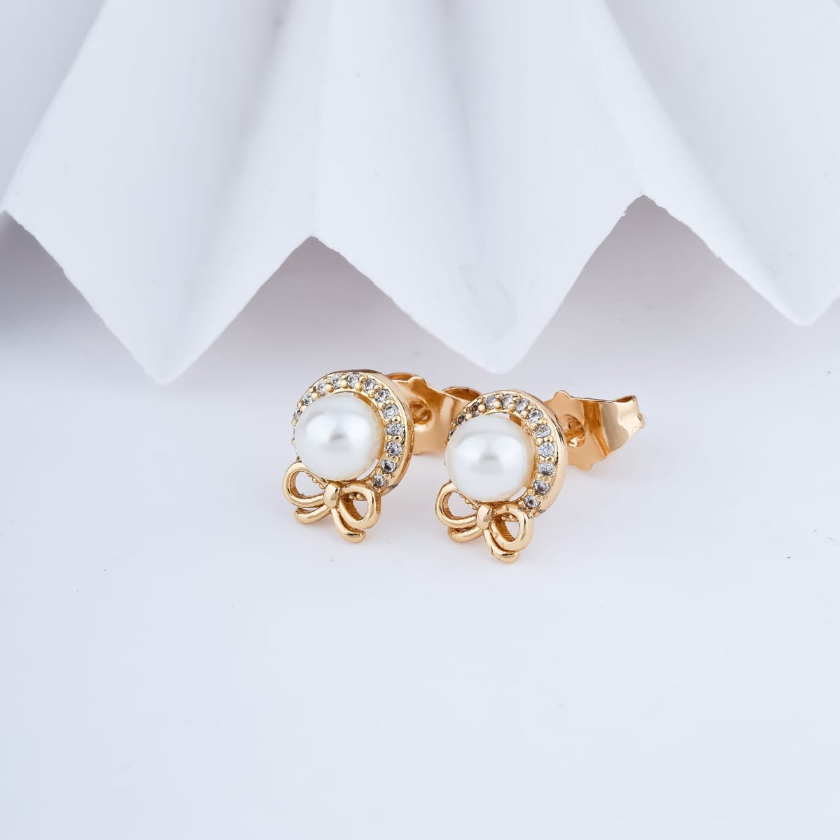 Gold-Plated Bow Pearl & Cubic Zirconia Stud Earrings