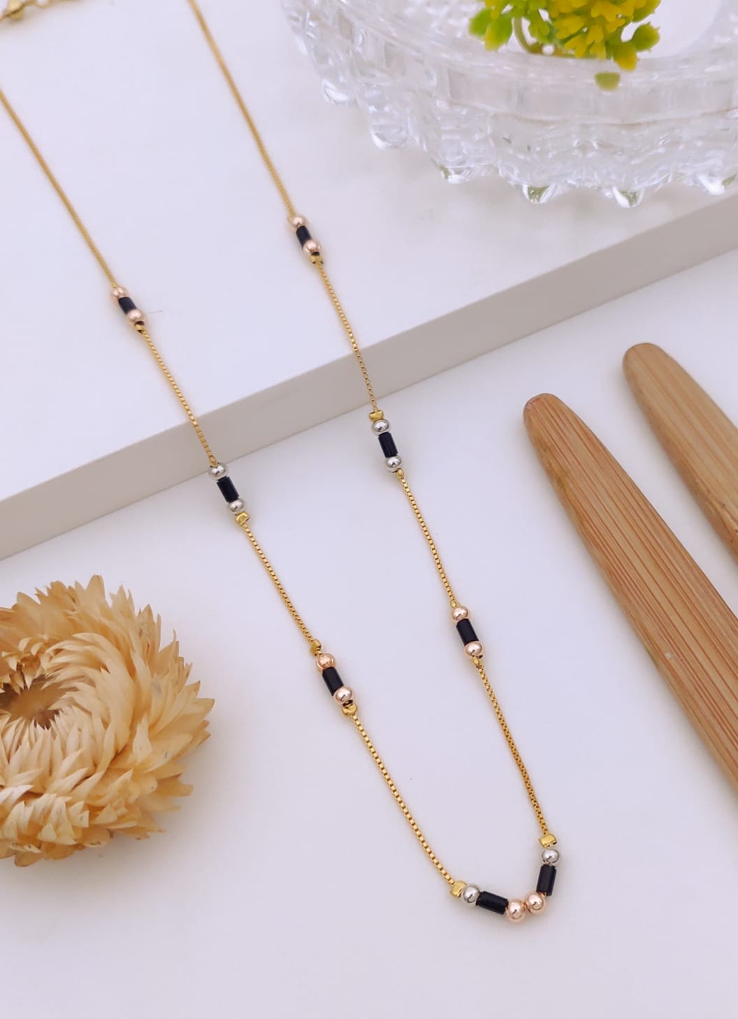 Elegant Tri-Tone Cylindrical Beaded Gold Mangalsutra