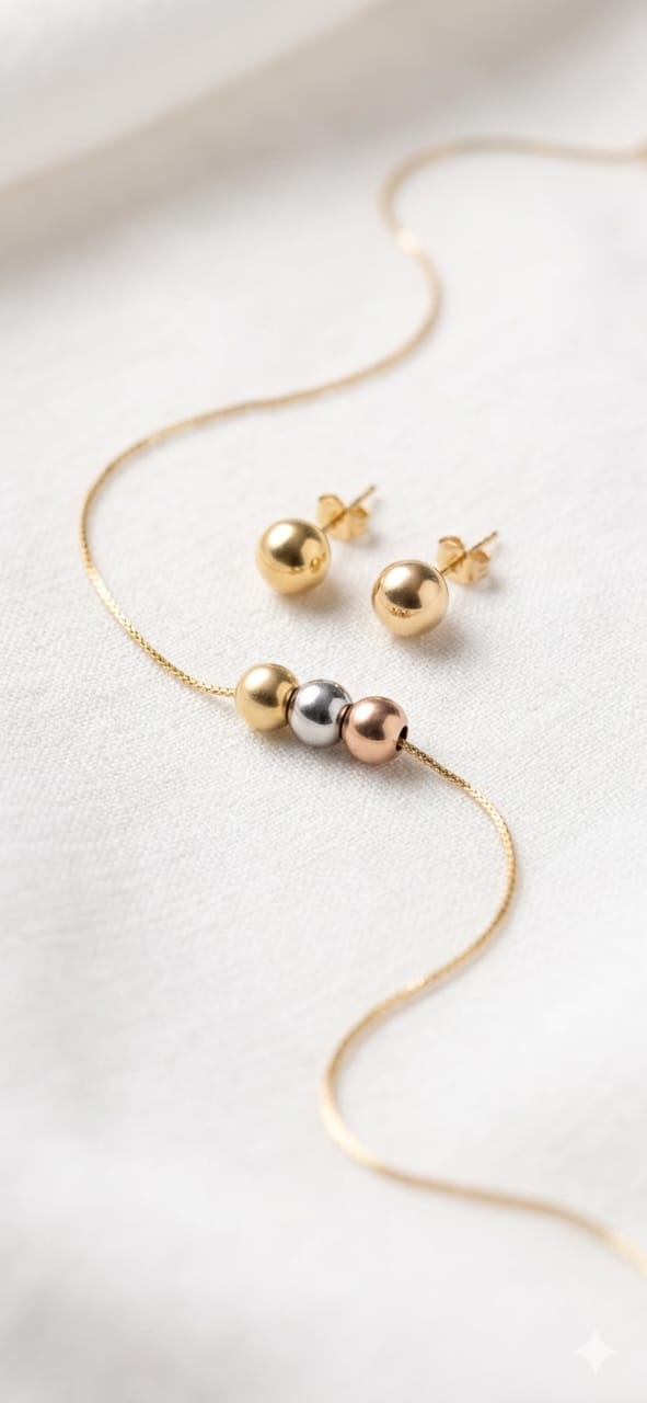 Tricolor Triple Bead Pendant Necklace & Gold-Tone Stud Earrings Jewelry Set