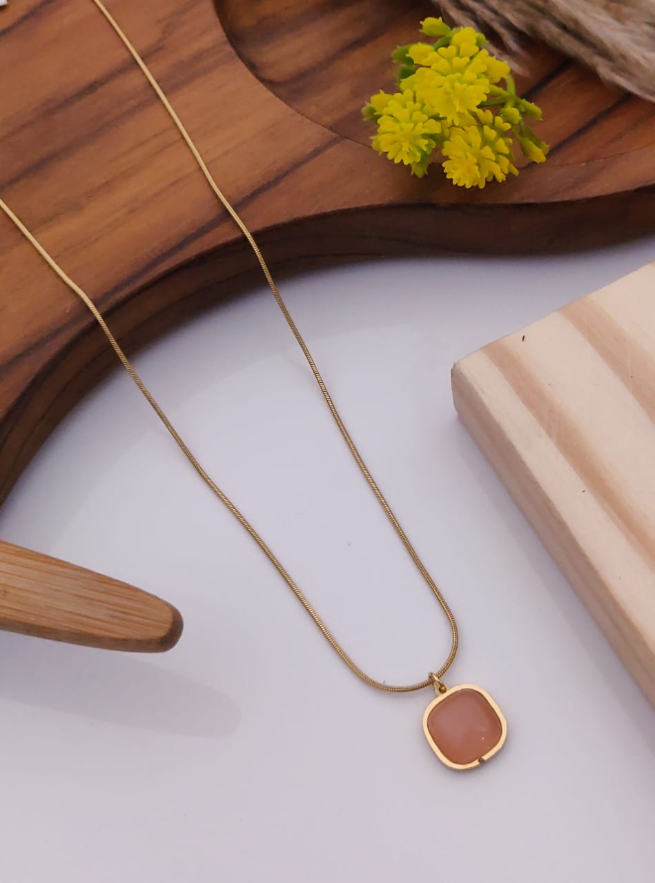 Minimalist Gold-Plated Snake Chain Necklace with Cushion-Cut Stone Pendant