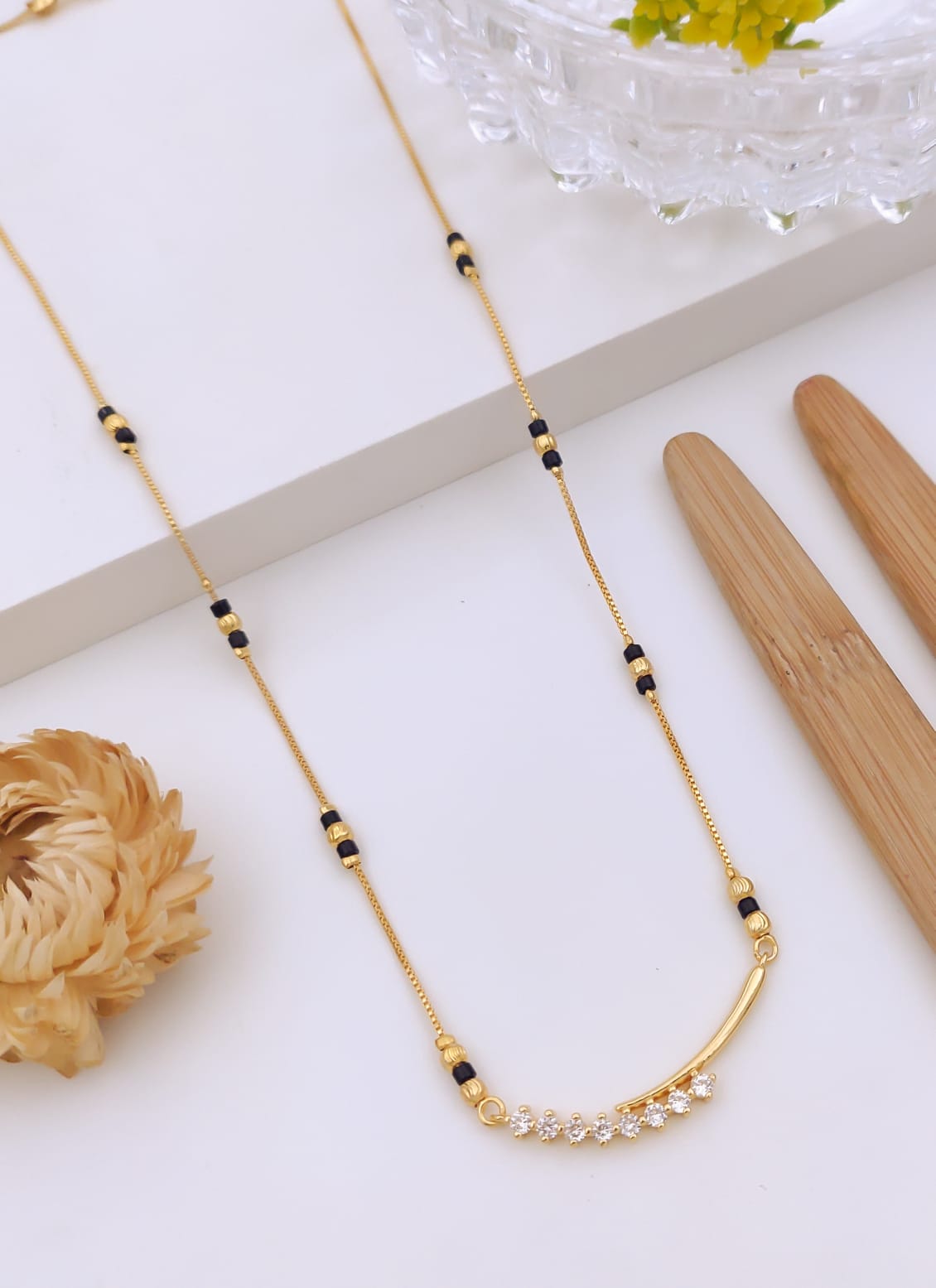 Elegant Minimalist CZ Curved Bar Gold Mangalsutra / Chain Pendant