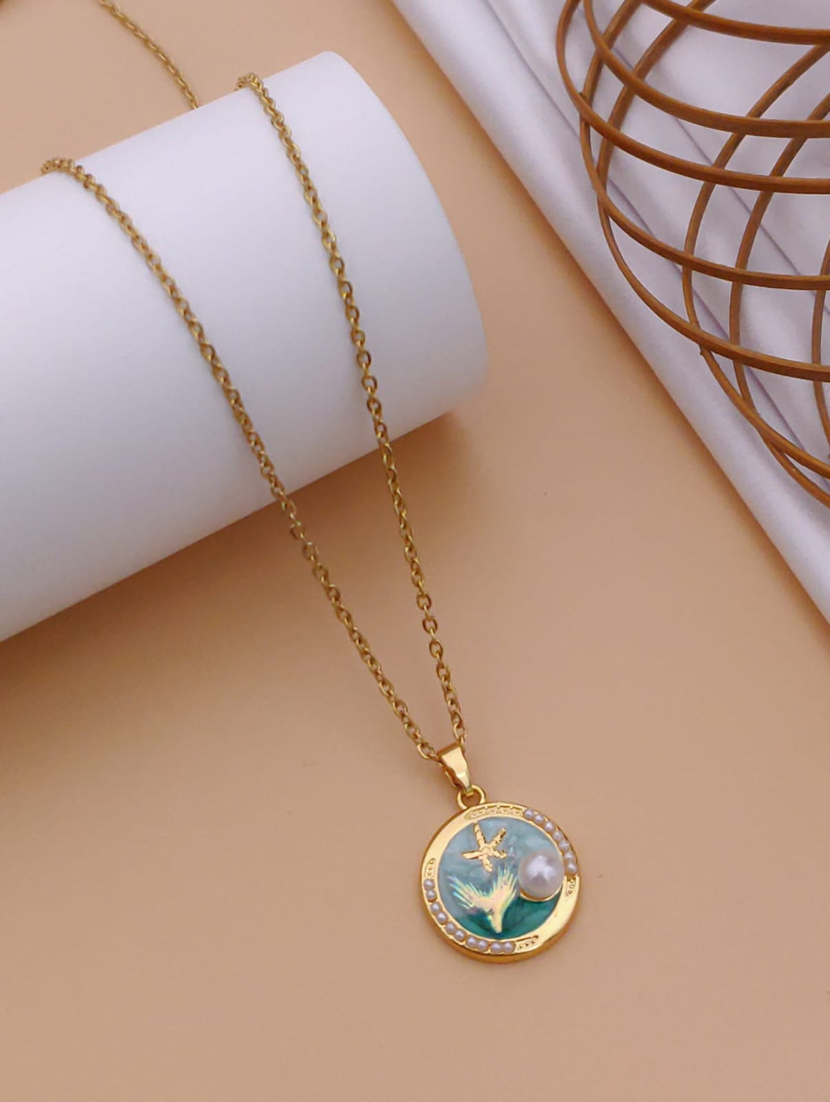 Ocean Magic Gold-Tone Mermaid Tail & Pearl Enamel Medallion Necklace