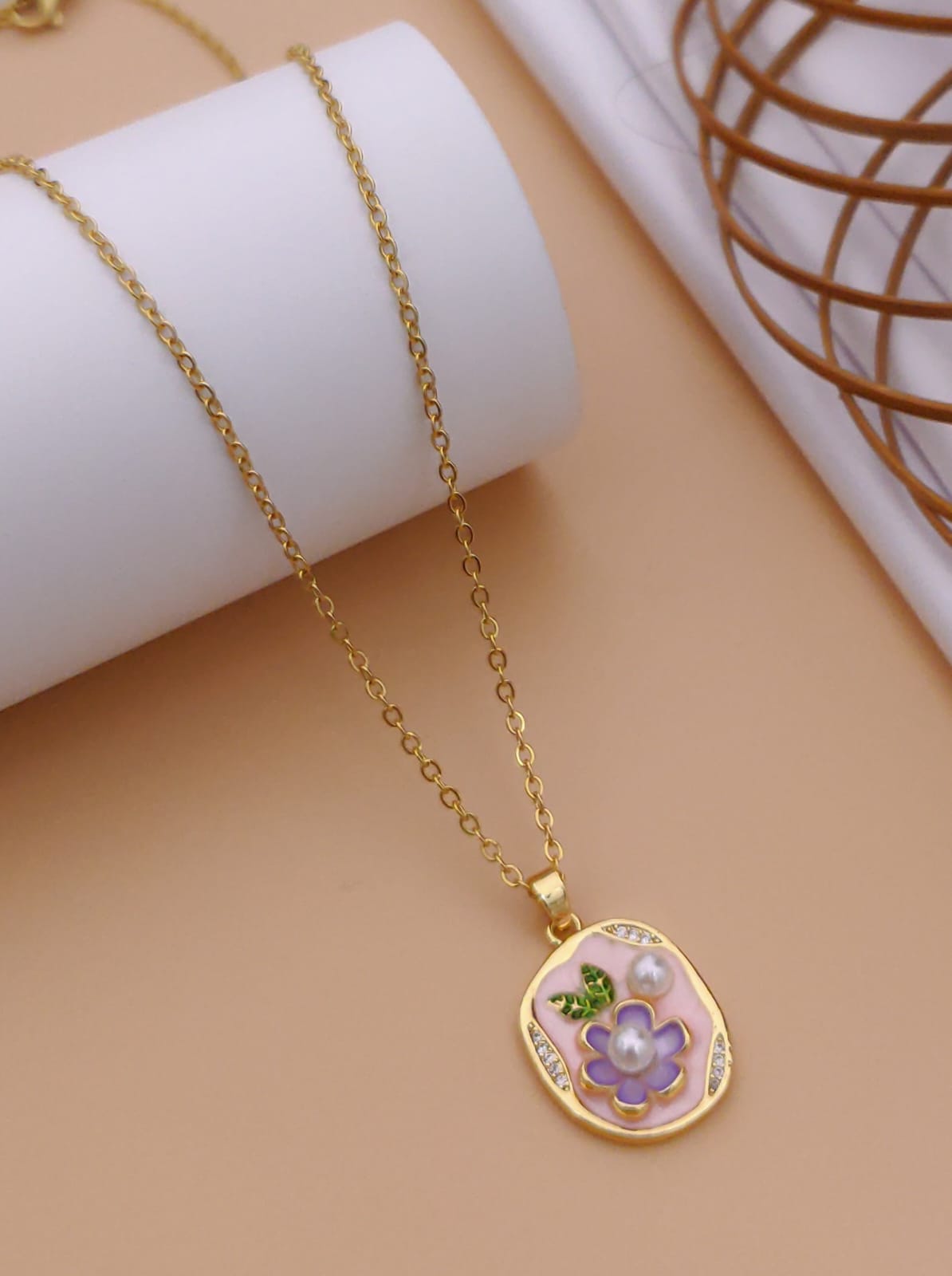 Romantic Pastel Purple Floral & Pearl Enamel Oval Pendant Necklace