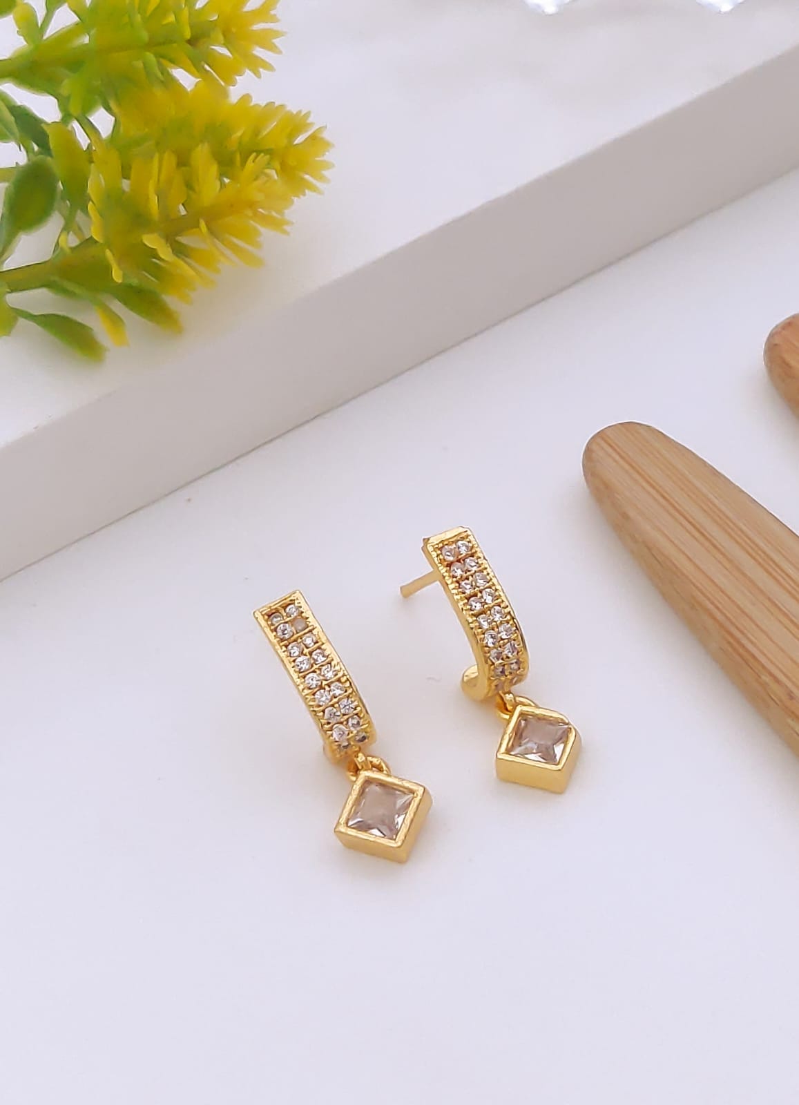 Gold-Plated Pavé Bar Square Drizzle Drop Earrings