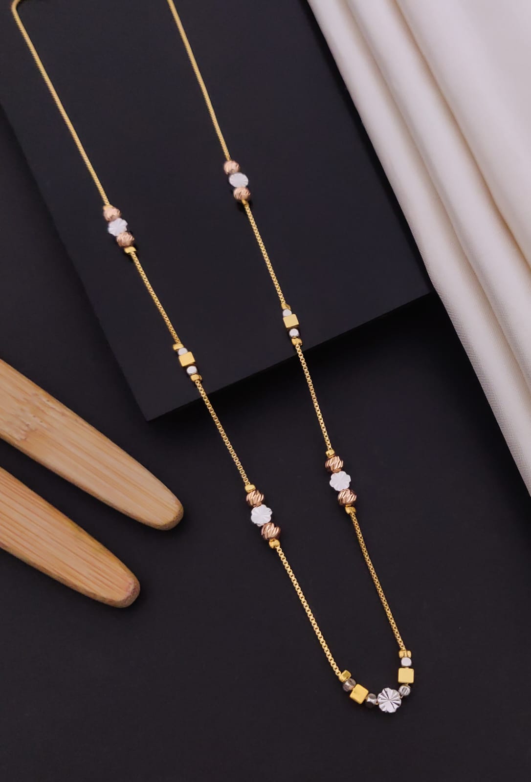 Tri-Tone Gold Beaded Mangalsutra Chain / Modern Station Chain Necklace