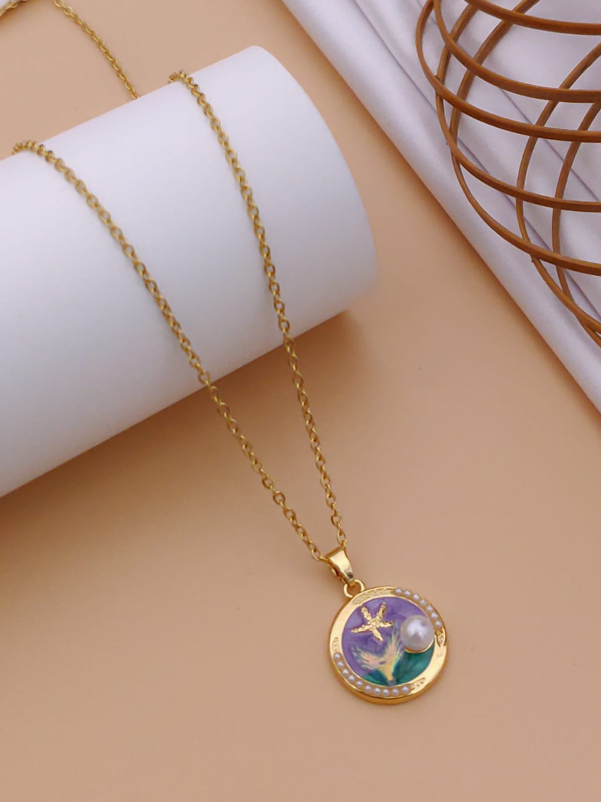 Enchanting Purple Mermaid Tail & Pearl Enamel Medallion Necklace